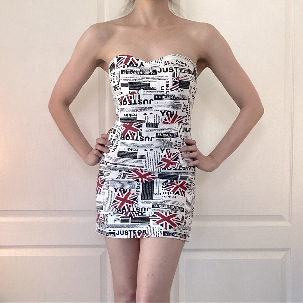 UK print strapless minidress WITH POCKETS